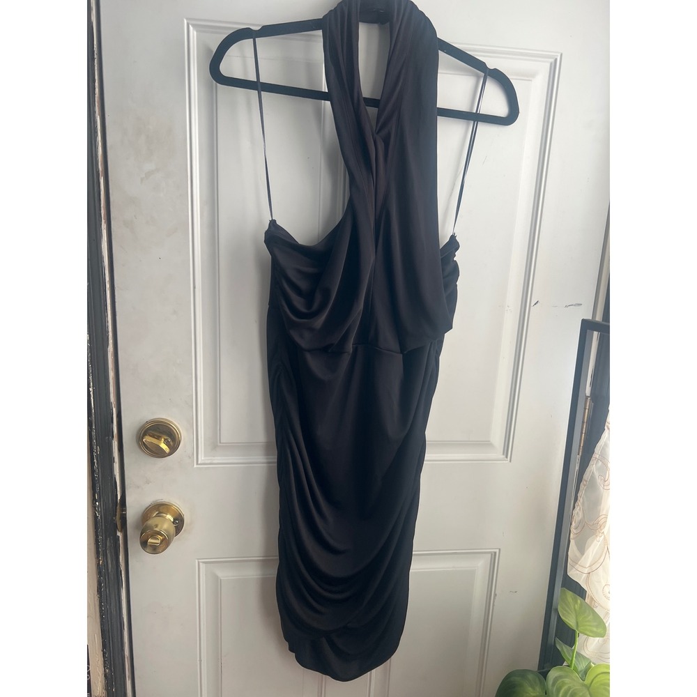 HM Black Halter Ruched Bodycon Mini Dress Large Cowl Neck Open Back Night Out